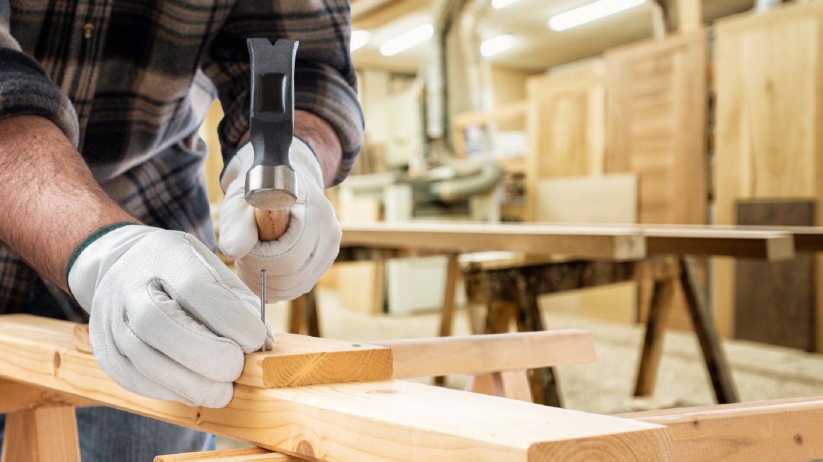 Close-up. Carpenter with his hands protected by gloves with hammer and nails fixes a wooden board. Construction industry, carpentry workshop.